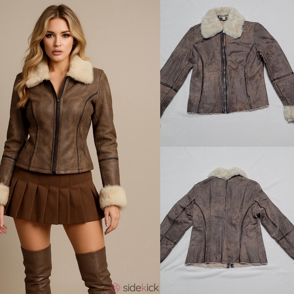 Y2K Vintage Express Distressed Brown Leather Faux Shearling Aviator Jacket 10